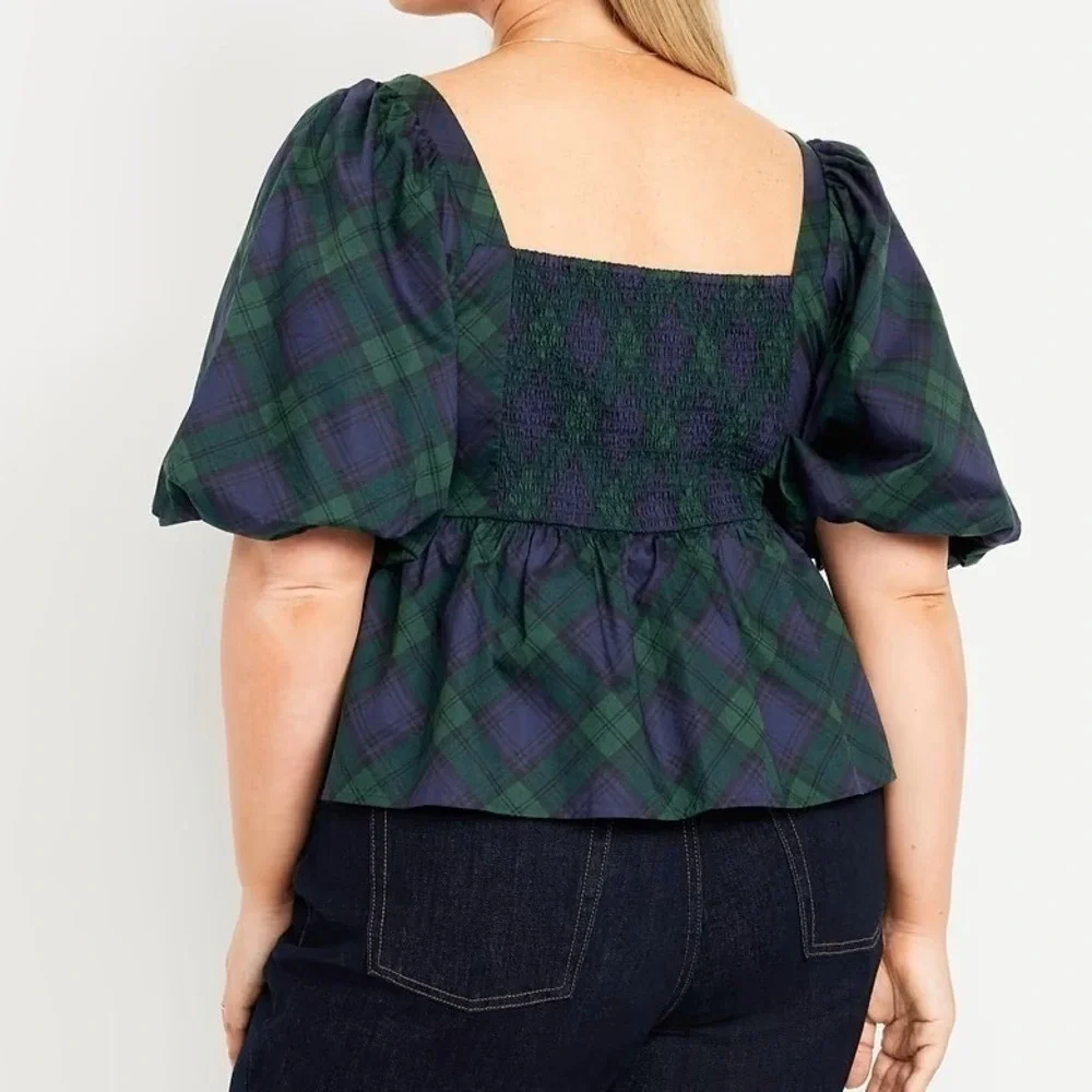 Old Navy Womens XL Blue Green Plaid Puff Sleeve Peplum Smocked Top 100% Cotton
